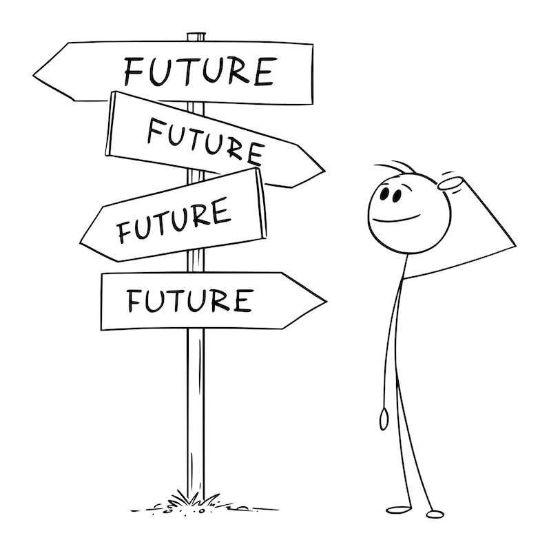 Decide and Choose from Future Choices ,Person or Businessman Standing on Crossroad, Vector Cartoon Stick Figure Illustration